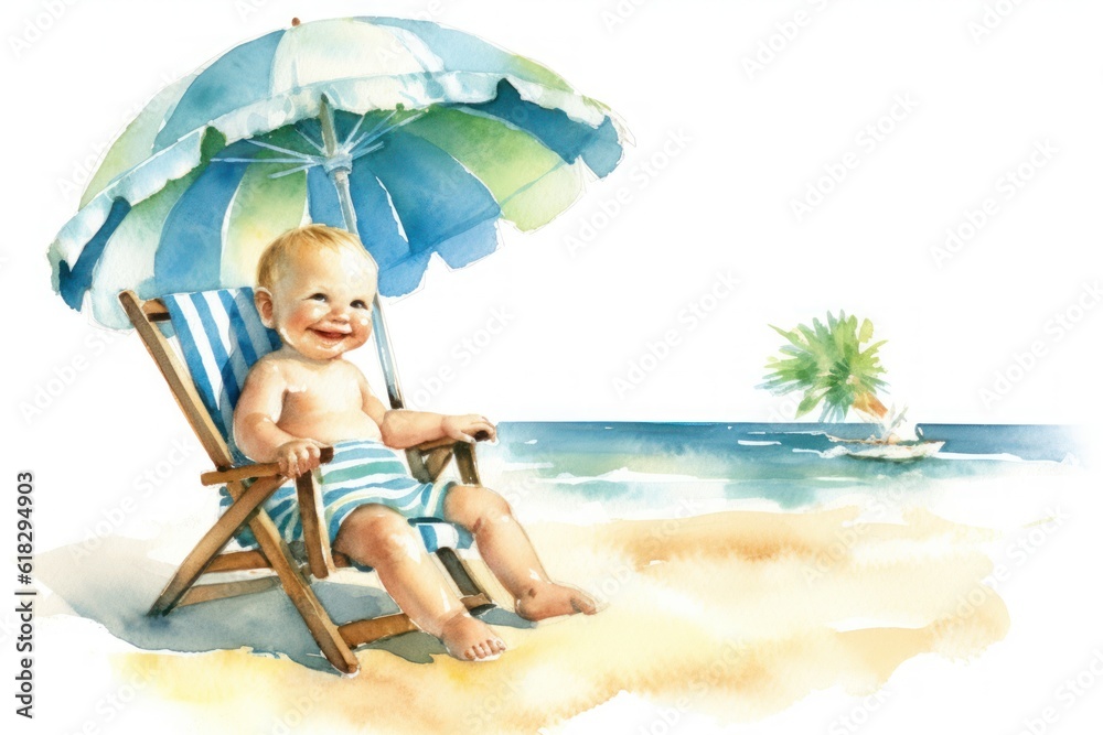 cute baby sitting on a sunbed by the sea. watercolour artistic work. oil painting, tshirt, sublimation printing. Watercolour Paint. Generative AI