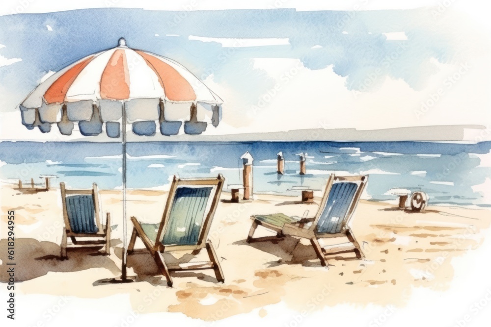 Concept design for beach, beach, sunbed and sea themed oil painting, tshirt, sublimation printing. Watercolour Paint. Generative AI Concept design for beach, beach, sunbed and sea themed oil painting, tshirt, sublimation printing. Watercolour Paint. Generative AI