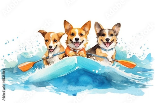 watercolour designed smiling dogs surfing, sunglasses, beach, sea details. Generative AI