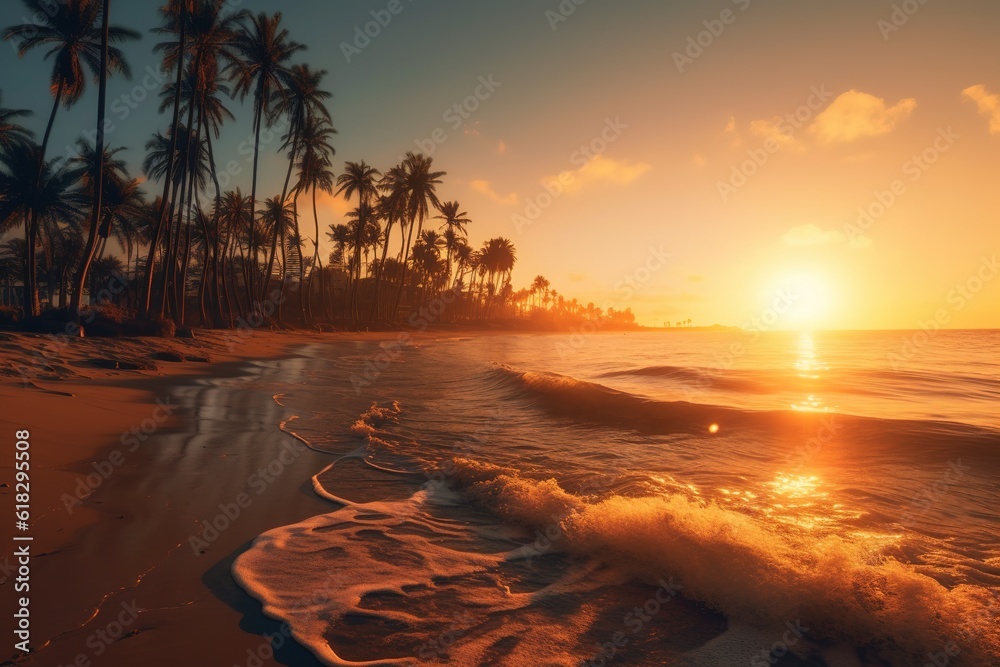Palm trees and waves at sunset on a tropical beach