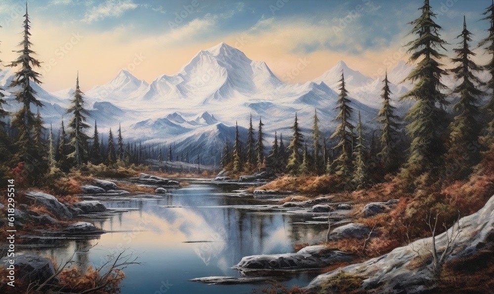 a painting of a mountain lake with trees in the foreground and a snow covered mountain in the distance with a few clouds in the sky.  generative ai