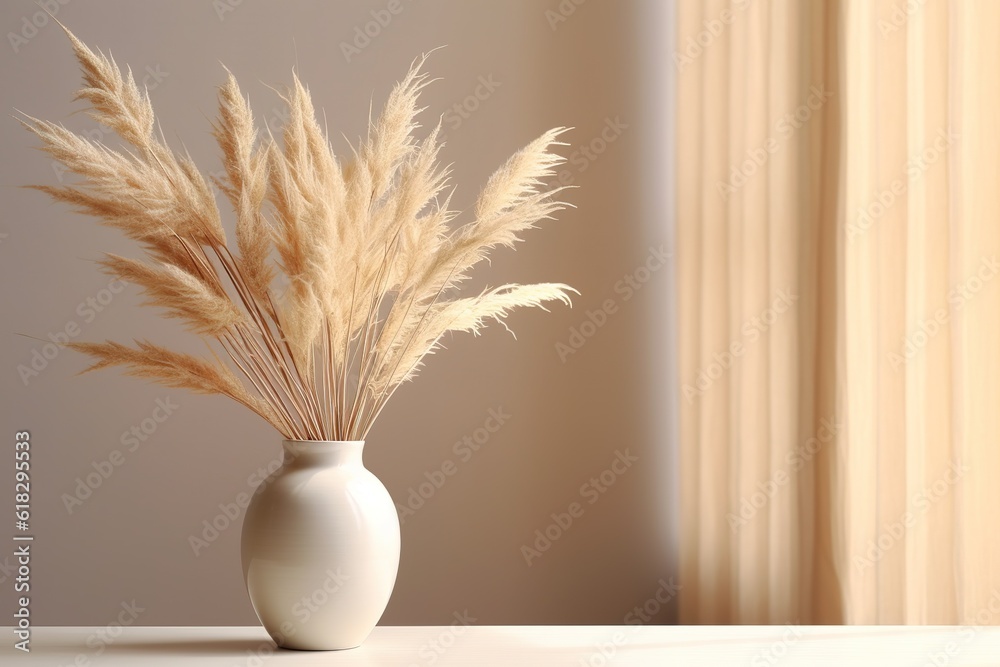 A vase is filled with dried grasses in front of a window