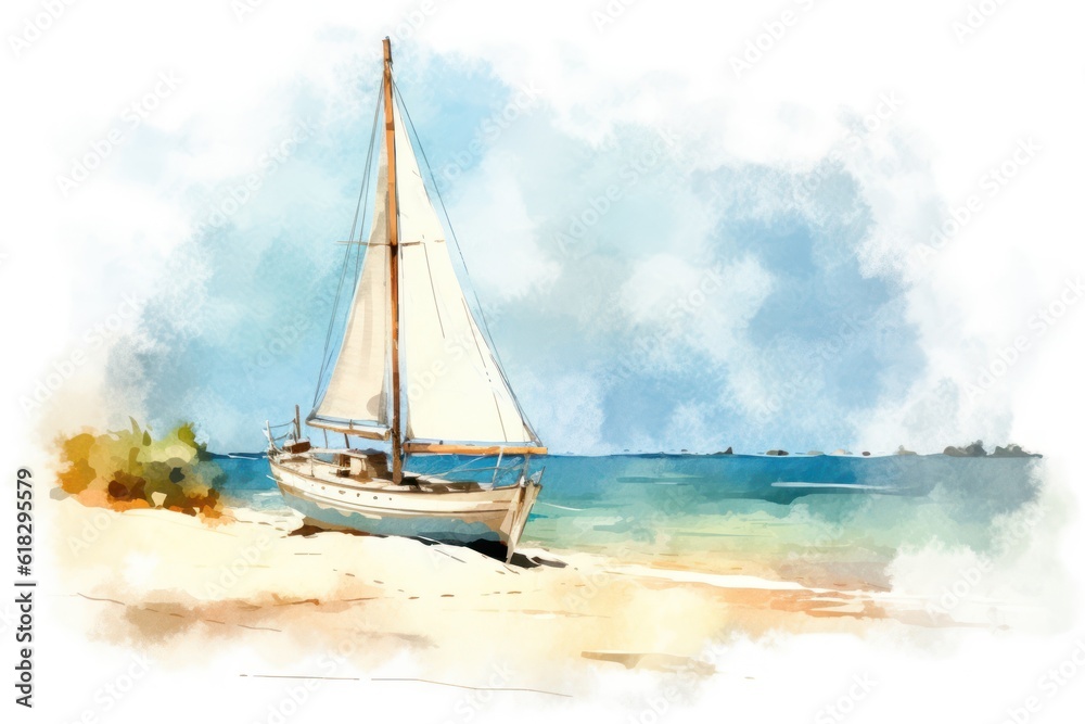 watercolour drawing sailboat, sea, sand beach, holiday concept greeting card design. oil painting, tshirt, sublimation printing. Watercolour Paint. Generative AI