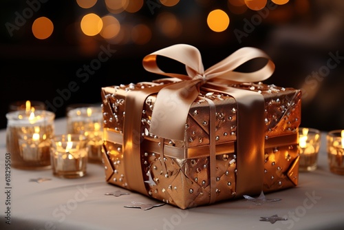 Gold present on a table in front of candles, soft edges and blurred details on background