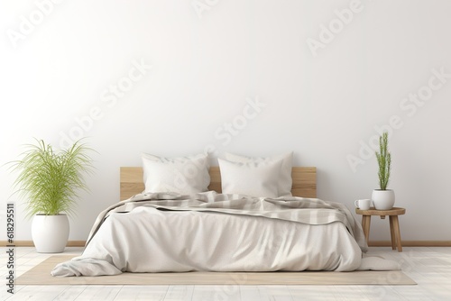 Minimalistic bedroom mockup, a bed in a white bedroom with white pillows and green plants