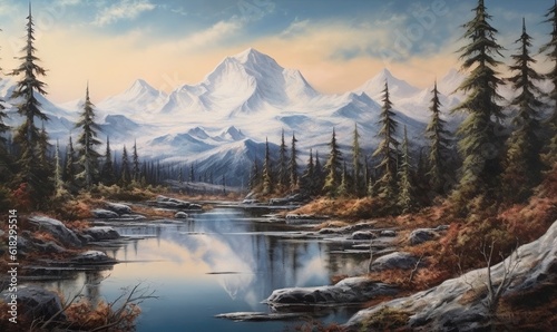  a painting of a mountain lake with trees in the foreground and a snow covered mountain in the distance with a few clouds in the sky.  generative ai © Olga