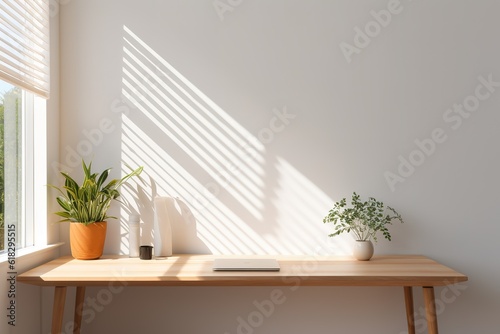 Desk with plants at window with shadows, mockup, workspace concept