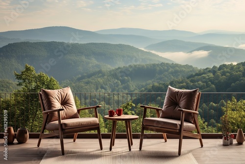 Two chairs on a terrace overlooking a green lake and mountains