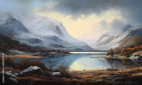  a painting of a mountain lake surrounded by rocks and grass with a sky filled with clouds in the background and a few trees and bushes in the foreground. generative ai