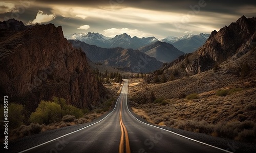  a long straight road in the middle of a desert with mountains in the background and clouds in the sky above the road is a yellow line.  generative ai