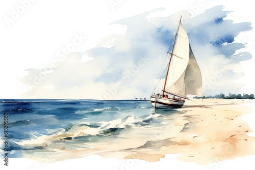 watercolour drawing sailboat  sea  sand beach  holiday concept greeting card design. oil painting  tshirt  sublimation printing. Watercolour Paint. Generative AI