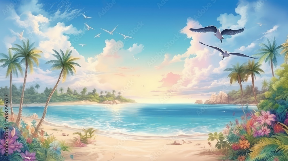 Obraz premium Bright colorful tropical illustration of the sand beach with palm trees, flowers, ocean. Summer vacation background for banner, poster, flauer. Ai generated