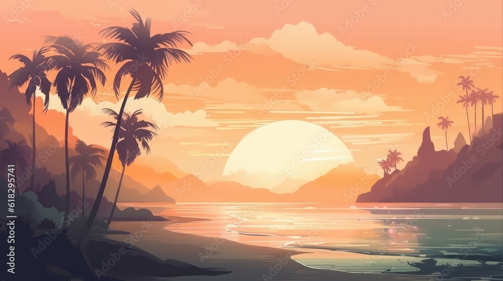 Illustration of tropical sunrise or sunset on the beach with palm trees and ocean. Summer vacation background. Ai generated