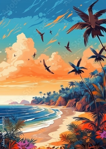 Bright colorful tropical illustration of the sand beach with palm trees, flowers, ocean. Summer vacation background for banner, poster, flauer. Ai generated