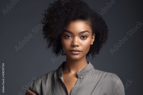 Charming black woman with curly hair looking at camera