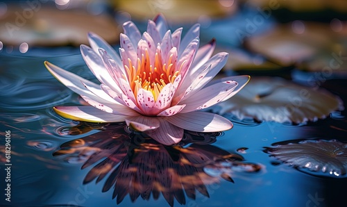  a pink water lily floating on top of a pond with lily pads on the surface of the water and a few leaves on the water. generative ai