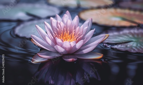  a pink water lily floating on top of a pond with lily pads on the surface of the water and leaves surrounding it, with a yellow center flower in the center. generative ai