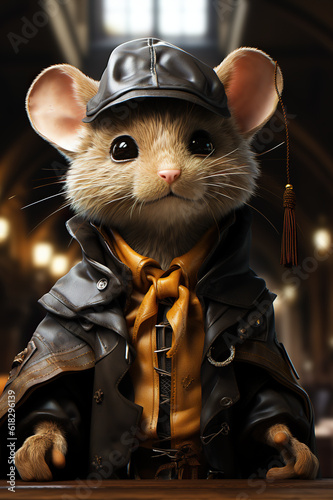 A close up of a mouse wearing a jacket and tie. Generative AI.