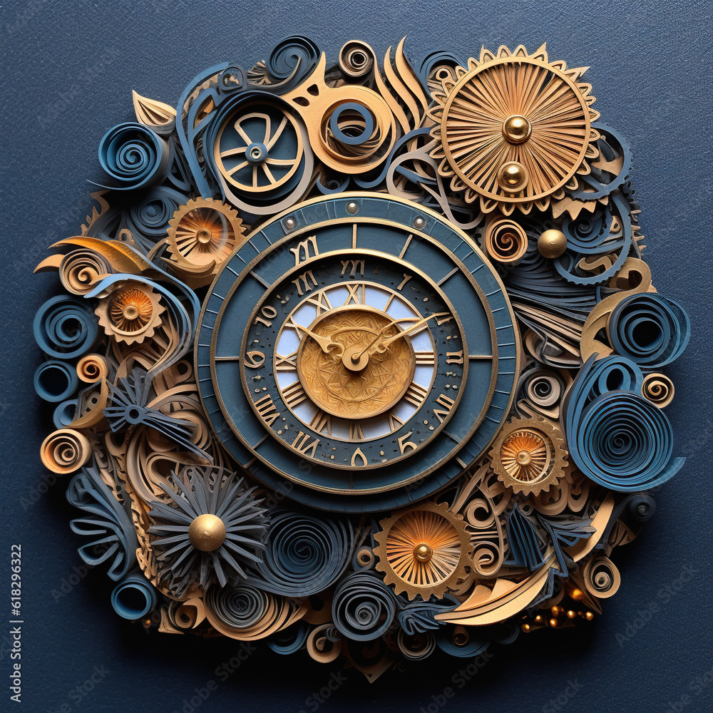 A clock made out of paper and gold gears. Generative AI.