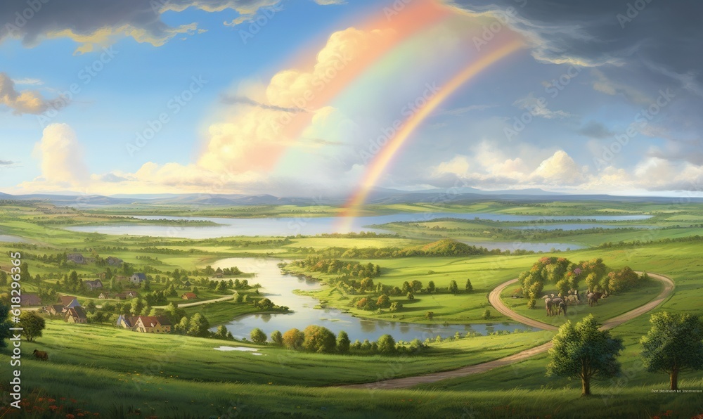 Obraz premium a painting of a rainbow in the sky over a green valley with a river and a rainbow in the sky with a rainbow in the sky. generative ai
