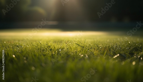 Fresh green grass on golf course backdrop generated by AI