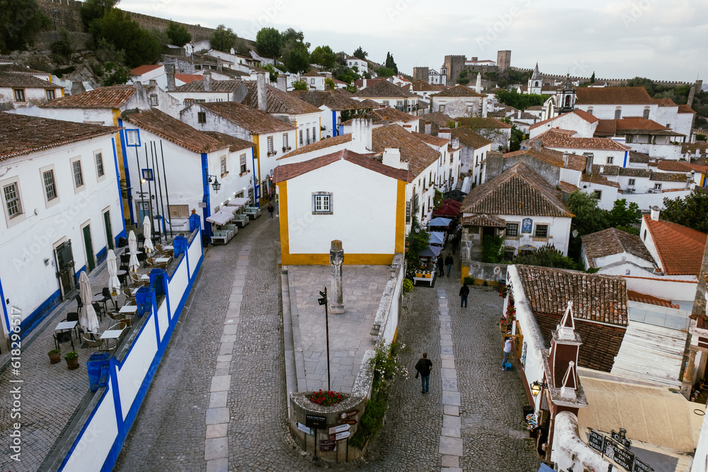 Óbidos, the medieval muraled city on the west of Portugal. Landscape of a vintage European town.