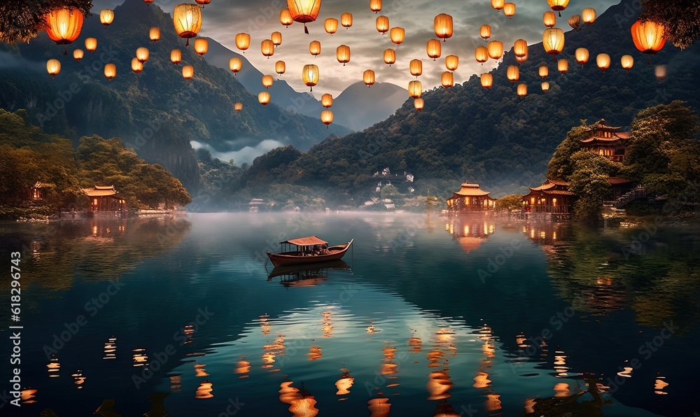 a boat floating on a lake surrounded by lanterns in the sky above a mountain range with a lake below and a mountain range in the distance. generative ai a boat floating on a lake surrounded by lanterns in the sky above a mountain range with a lake below and a mountain range in the distance. generative ai