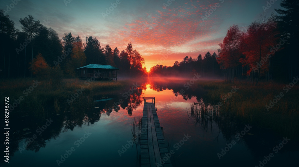 sunset on lake with a dock and trees, in the style of light cyan and dark brown, uhd image