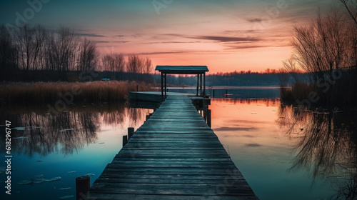 sunset on lake with a dock and trees, in the style of light cyan and dark brown, uhd image