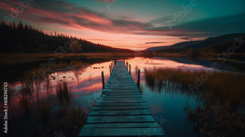 sunset on lake with a dock and trees  in the style of light cyan and dark brown  uhd image