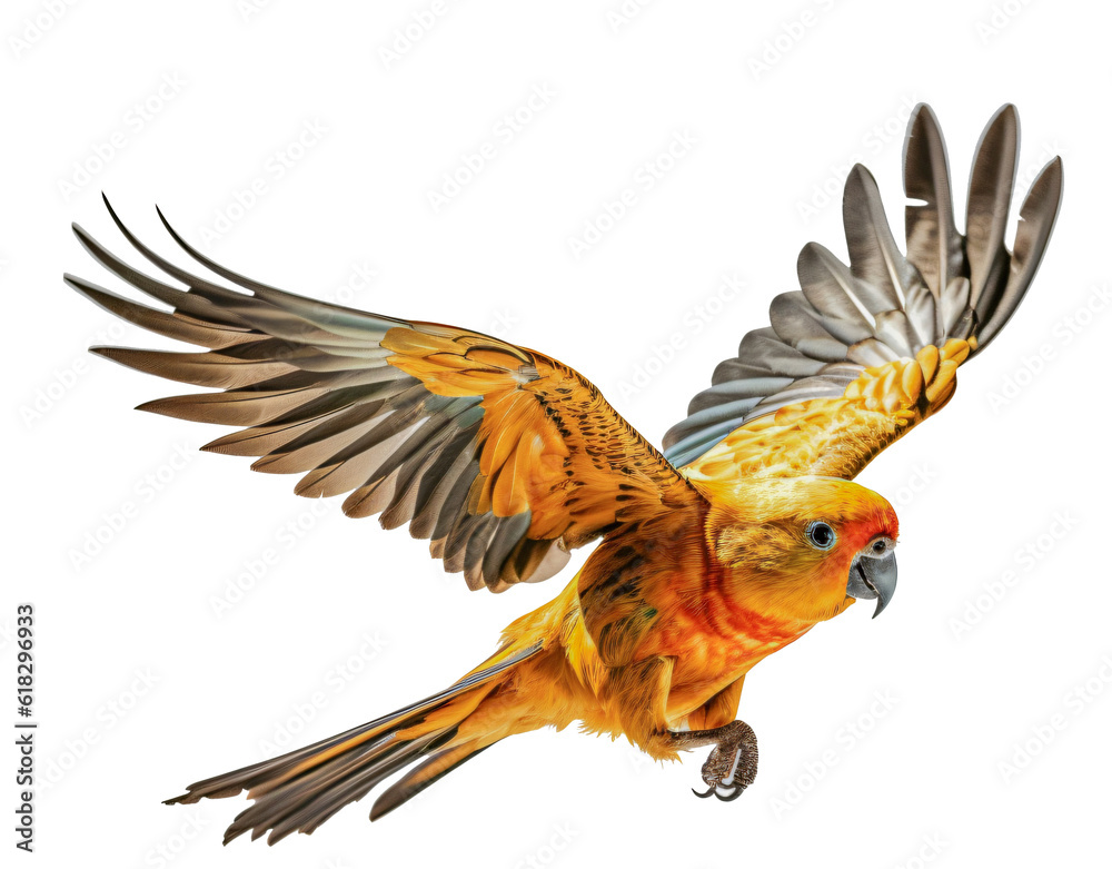 Obraz premium Flying yellow macaw parrot isolated on the transparent background PNG. AI generative. 