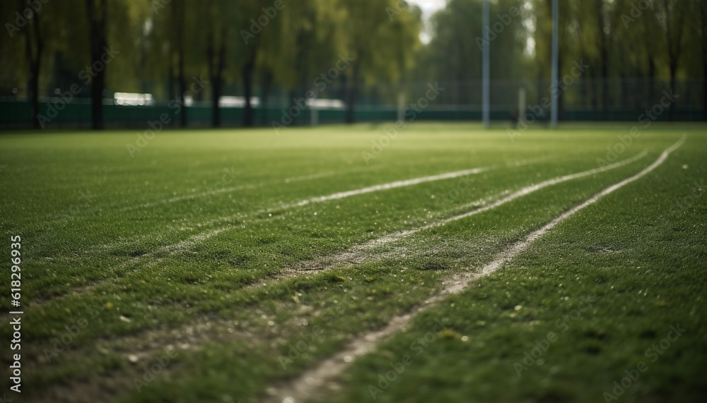Competitive soccer on green turf under sunlight generated by AI