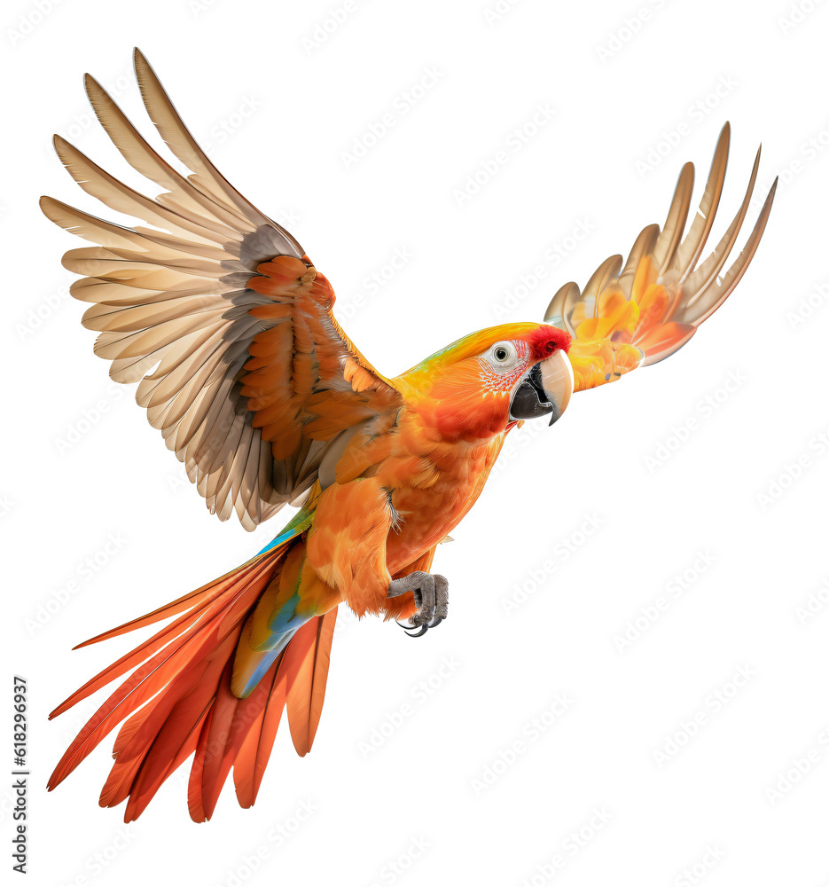 Flying yellow macaw parrot isolated on the transparent background PNG. AI generative.	