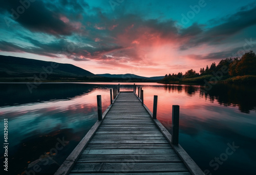 sunset on lake with a dock and trees  in the style of light cyan and dark brown  uhd image