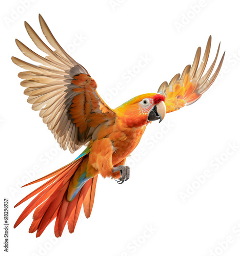 Fotografia Flying yellow macaw parrot isolated on the transparent background PNG