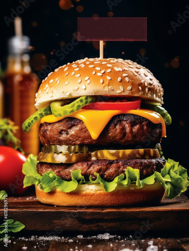 Fast food burger poster, burger design service promotion template. Burger flyer for restaurant menu, cafe, etc. Generative Ai.