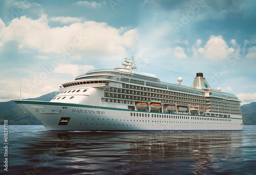 a cruise ship sailing on the water  in the style of light turquoise and silver