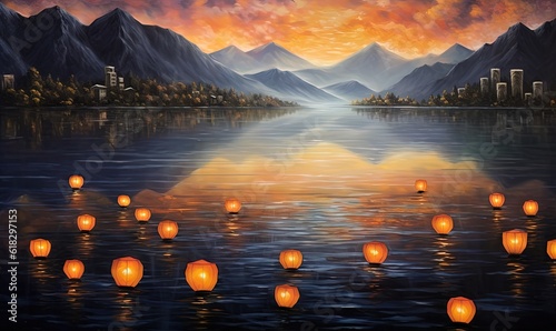  a painting of a lake filled with lots of floating paper lanterns in the water with a city in the distance and mountains in the distance.  generative ai © Olga