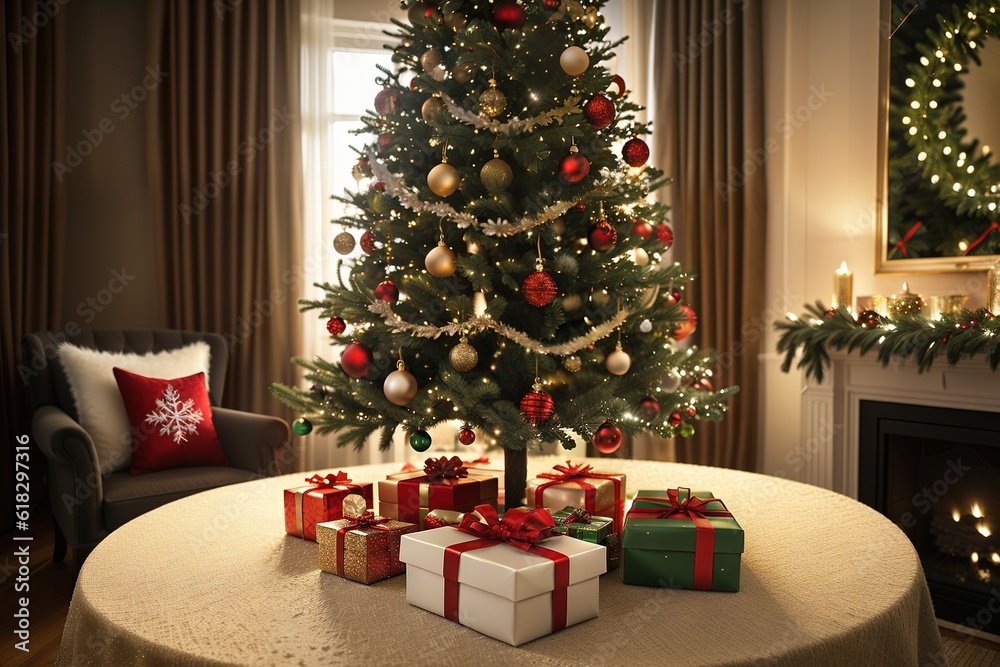 Christmas tree with gifts under it in a modern interior near the fireplace. Ai generative.