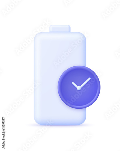 3D Battery time icon. Long battery life. Battery runtime, extend runtime technology, long battery life concept.