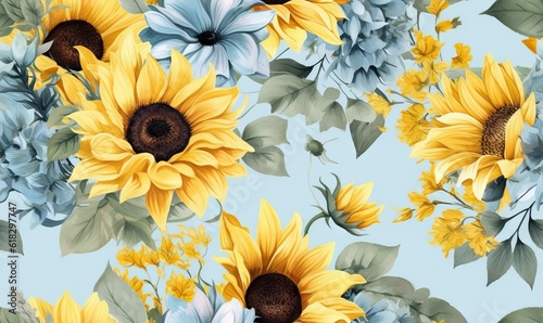  a blue and yellow flower pattern with leaves and flowers on a light blue background with a brown center and a brown center in the center.  generative ai