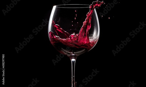  a wine glass with red wine being poured into it on a black background with a reflection of the wine being poured into the wine glass.  generative ai