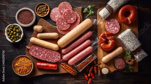 assorted meat sausages and grilled sausages. Assortment on a wooden board. Hearty calorie food photo