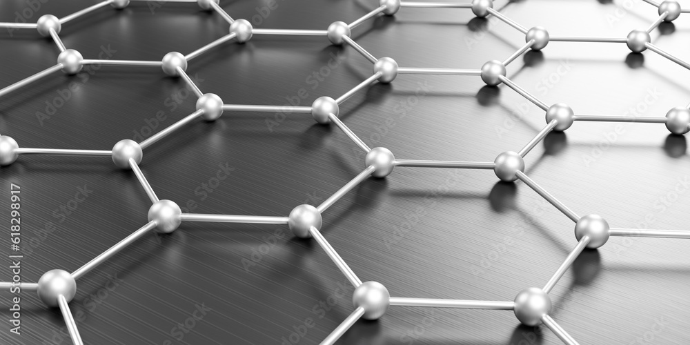 Closeup graphene metal molecule grid, microscopic atoms hexagon mesh network structure, Strong superconducting futuristic carbon material, nanotechnology 3D illustration background Closeup graphene metal molecule grid, microscopic atoms hexagon mesh network structure, Strong superconducting futuristic carbon material, nanotechnology 3D illustration background