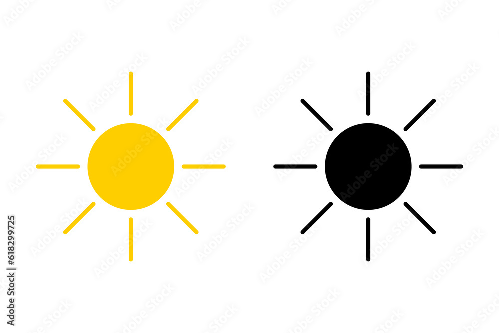 Sun icon set. Collection of yellow sun and black silhouette. Vector illustration for use as weather, sunlight, nature icon or logo isolated on white background