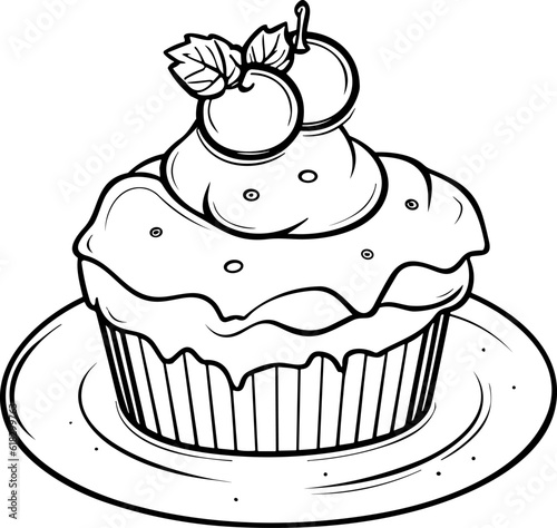 Cake Line Art. Illustration for menu, flyers, cafe, restaurants, catering. Pie with whipped cream, smoothies