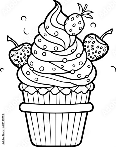 Ice cream cone black and white line art icon. Coloring book page for adults and kids. Summer fast food vector illustration for gift card  flyer  certificate or banner  icon  logo  patch  sticker