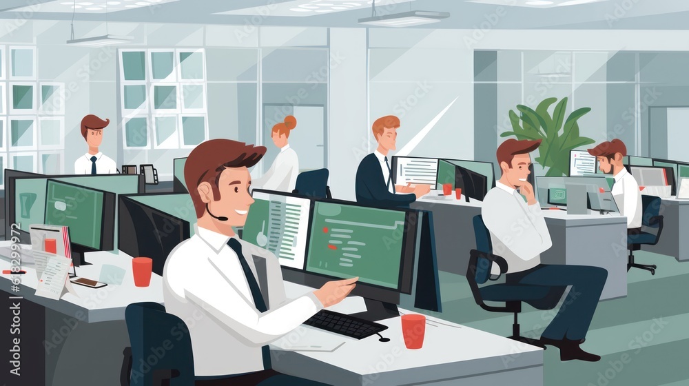 Illustrate a help desk scenario with IT professionals assisting users, troubleshooting technical issues, and providing support Illustrate a help desk scenario with IT professionals assisting users, troubleshooting technical issues, and providing support