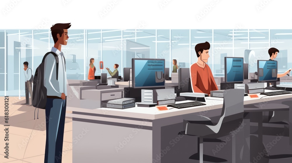 Illustrate a help desk scenario with IT professionals assisting users, troubleshooting technical issues, and providing support Illustrate a help desk scenario with IT professionals assisting users, troubleshooting technical issues, and providing support
