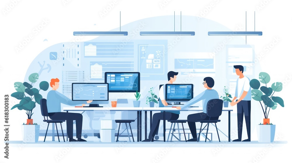 Illustrate a help desk scenario with IT professionals assisting users, troubleshooting technical issues, and providing support Illustrate a help desk scenario with IT professionals assisting users, troubleshooting technical issues, and providing support